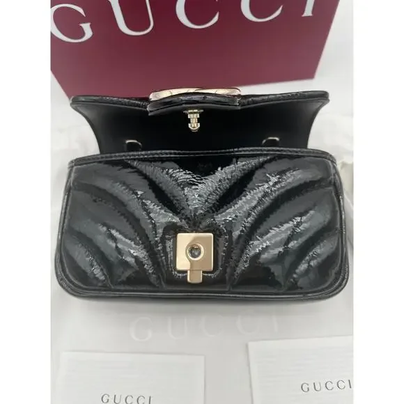 NEW!  GUCCI BLACK PATENT LEATHER MARMONT GG CROSSBODY BAG PURSE BOX AUTHENTIC - Picture 9 of 13